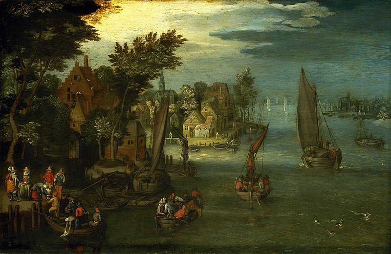 Jan Brueghel A Busy River Scene with Dutch Vessels and a Ferry oil painting image
